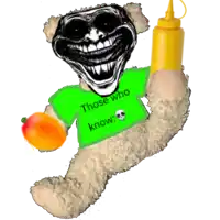 a teddy bear wearing a green shirt that says " those who know "