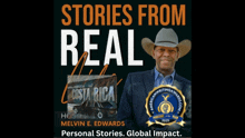 a man wearing a cowboy hat is featured on a podcast called stories from real