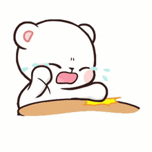 a cartoon of a white teddy bear crying while sitting on a table .