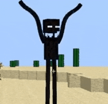a minecraft character is standing in the desert with his arms up .