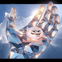 a hand holding a pink coin with a pepe meme on it