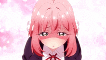 a girl with pink hair and green eyes is wearing a bow tie