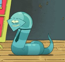 a cartoon worm wearing a tie and smiling on the floor