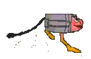 a pixel art drawing of a cartoon character walking with a hose attached to it .