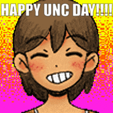 a pixel art of a girl smiling with the words happy unc day written above her