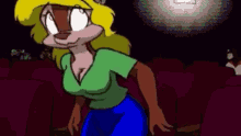 a cartoon of a woman in a green shirt standing in a theater