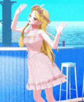 a girl in a white dress with flowers in her hair is standing in front of a blue wall