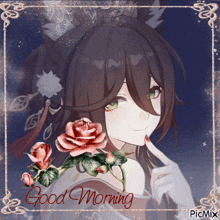 a picture of a girl with a rose and the words good morning on the bottom
