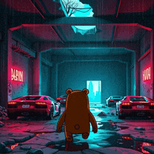 a bear is walking through a garage with cars and a sign that says alpin on it