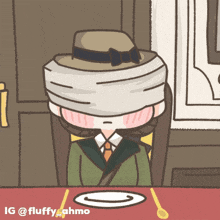 a cartoon of a man with a bandage on his head sitting at a table with a plate and spoon