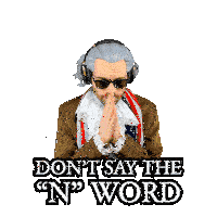a man wearing headphones and sunglasses is praying with the words " do n't say the n word " below him