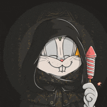 a cartoon of bugs bunny wearing a black hood and holding a firework