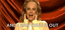a woman is making a funny face and saying `` and i can t hug it out '' .