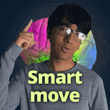 a man wearing glasses and a grey shirt with the words smart move written on it