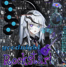 a picture of a girl holding a guitar with the words goodnight rockstar on it