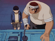 a man with a bandage on his head is standing next to another man