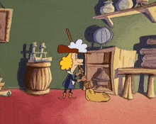 a cartoon of a man holding a broom standing in a room