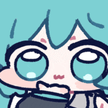 a cartoon drawing of a girl with blue hair