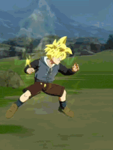 a cartoon character with yellow hair and brown shorts is standing on a grassy field