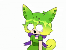 a cartoon drawing of a girl with green hair and a question mark above her head