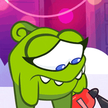 a green cartoon character is holding a red heart with the number 1 on it