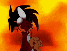 a cartoon character is making a funny face in front of flames