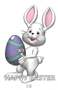 a cartoon easter bunny is holding a purple easter egg and saying happy easter .