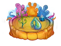 a cartoon drawing of a coral reef with plants and a sea shell