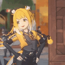 a cartoon girl with yellow hair and green eyes is standing in front of a door .