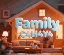 a living room with a couch , table , lamp and the words `` family c4h4y4 '' written on it .