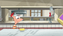 a cartoon character named phineas and ferb looking at a plate of butter