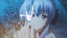 a girl with blue hair is smiling and holding a butterfly in her hand