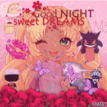 a picture of a girl with the words good night sweet dreams above her