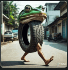 a frog is walking with a tire around its neck