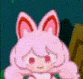 a close up of a cartoon character with pink hair and bunny ears