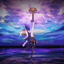 a painting of a person holding a torch in a purple sky
