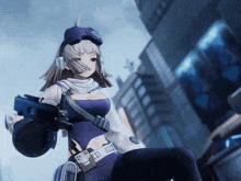 a girl in a purple and white outfit is holding a gun in her hand