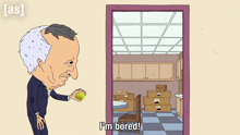 a cartoon of a man throwing an egg with the words i 'm bored below it