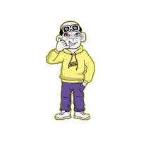 a cartoon of a man wearing a yellow hoodie and purple pants