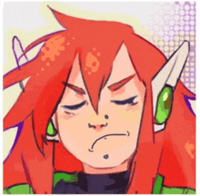 a cartoon drawing of a girl with red hair and green ears making a funny face .