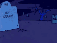 a group of cartoon characters are standing in front of a cemetery