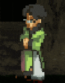 a pixel art of a man wearing glasses and a green jacket