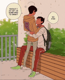 a cartoon of two men hugging with the words should i go get us something to drink
