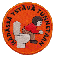 an orange patch with a picture of a person squatting on a toilet and the words " hidasa ystava tunnetaan "