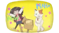 a cartoon drawing of a girl and a cat with the words wow and haha written on the bottom