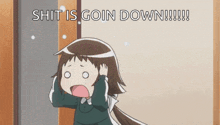 a girl with a surprised look on her face and the words " shit is goin down !!! "