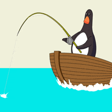 a penguin is fishing in a boat with a fishing rod