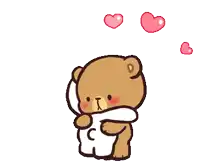 a couple of teddy bears hugging each other with hearts floating around them