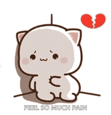 a cartoon cat is sitting next to a broken heart with the words `` feel so much pain '' .