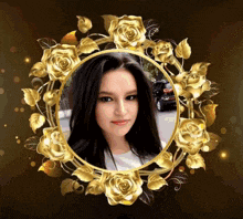 a woman 's face is surrounded by gold roses on a dark background
